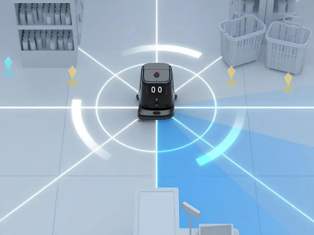 Vue de dessus d'un robot autonome et de ses zones de détection dans une allée de magasin