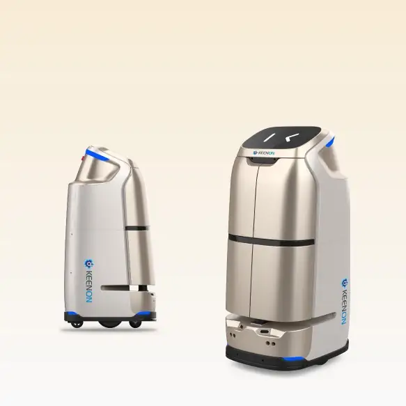 Robot de livraison Keenon BUTLERBOT W3, deux vues sur fond clair