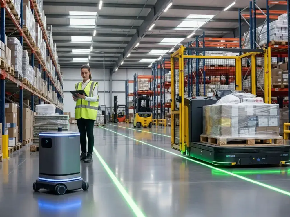 Opérateur supervisant un robot mobile autonome (AMR) depuis une tablette en entrepôt