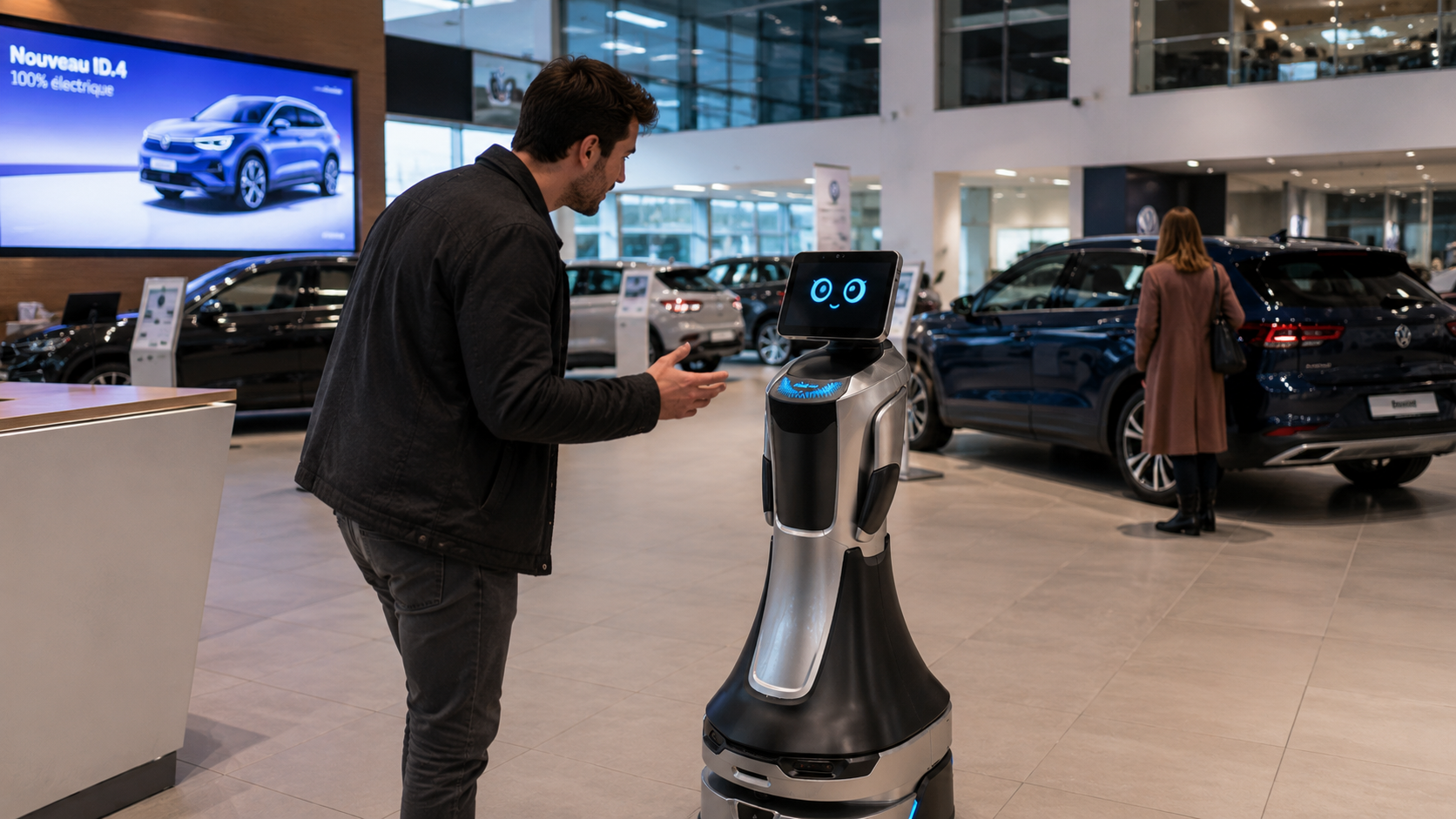 Robot d'accueil orientant un visiteur dans un lobby