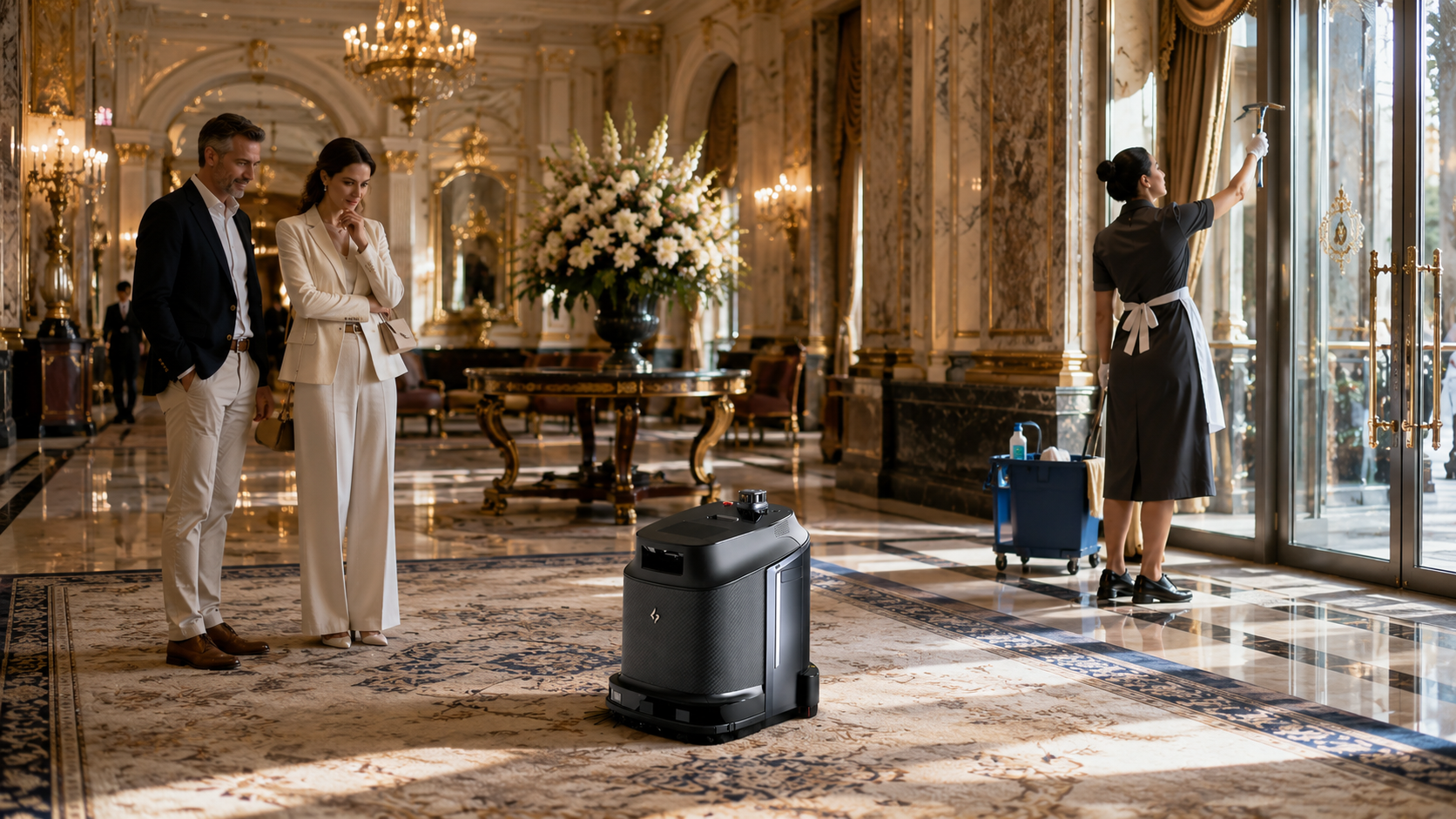 Robot autolaveuse autonome en lobby d'hôtel