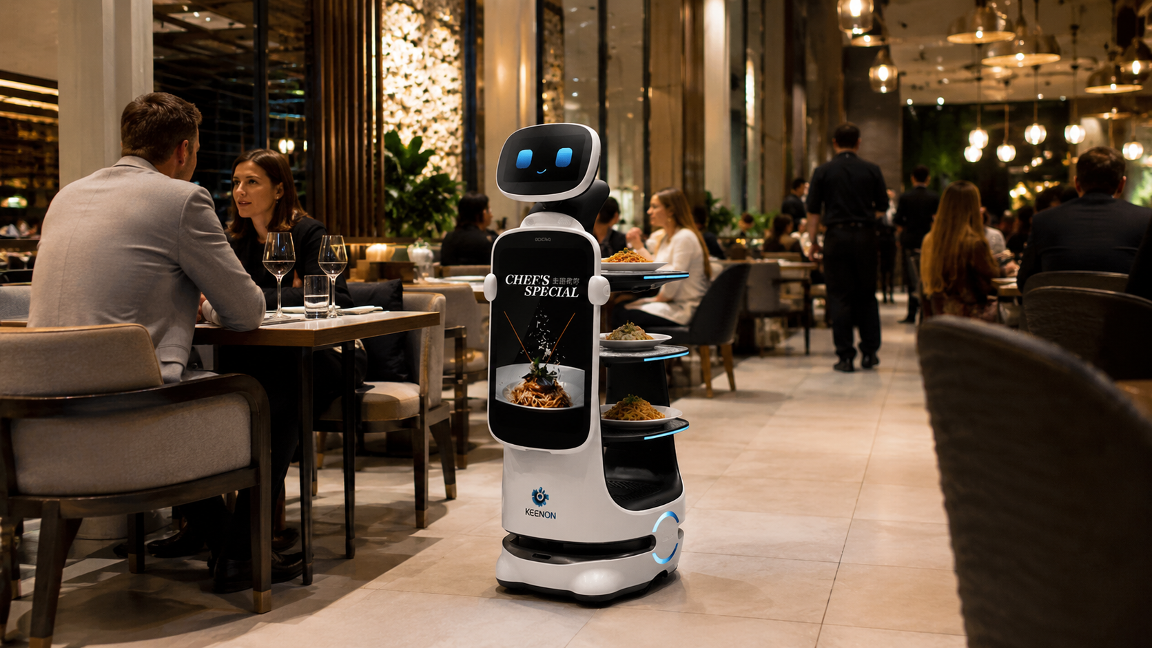 Robot serveur portant des assiettes en salle de restaurant
