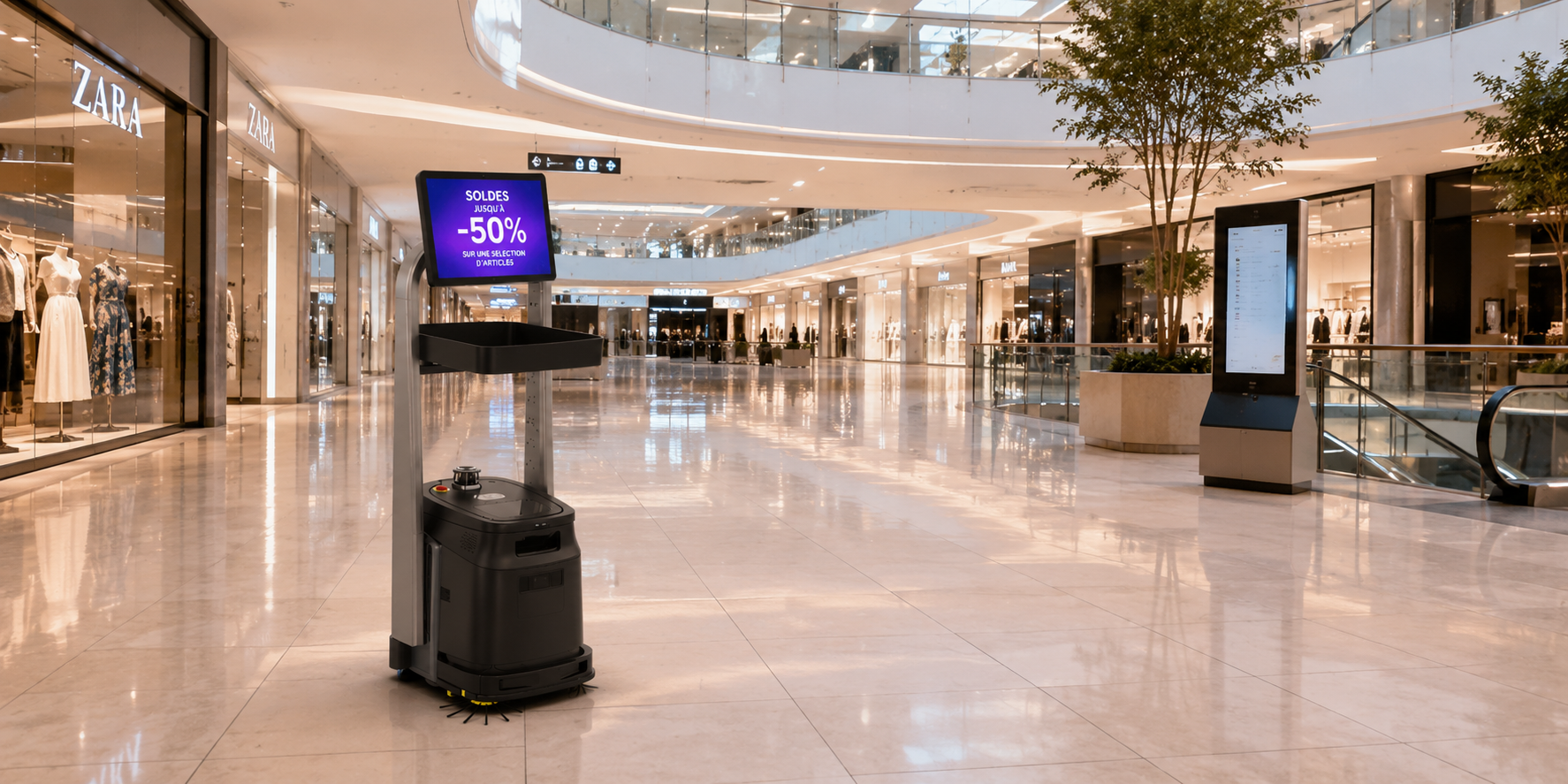Robot autolaveuse autonome en train de nettoyer un lobby d'hôtel